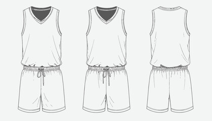 Line drawing of a sports uniform with front, side and back views. Features a tank top and shorts
