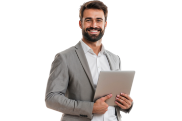 Portrait of a smiling businessman with laptop, ready for meeting, isolated on transparent background