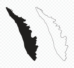 Black silhouette and outline maps of the Indian state of Kerala