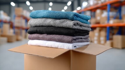 Stack of neatly folded sweaters in various colors resting on a cardboard box, surrounded by a warehouse environment filled with shelves and packages, showcasing organized textile storage and inventory