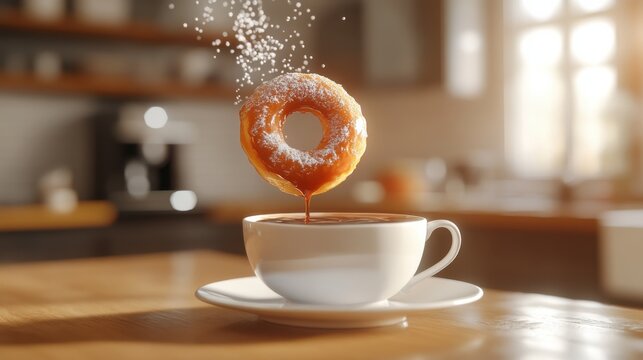 Delicious floating donut dipped in coffee home kitchen food photography cozy atmosphere close-up shot culinary delight - Powered by Adobe