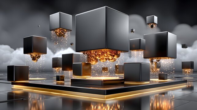 Fototapeta Abstract 3d metallic cubes glowing with particles high resolution photo