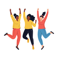 Three diverse women joyfully jumping in unison