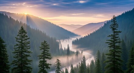 Obraz premium Winter sunrise and sunset views over the snowy mountain landscape with fog and pine trees