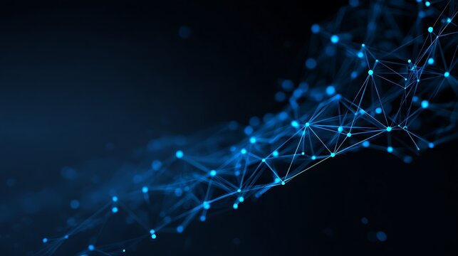 Abstract blue network of glowing nodes and connecting lines on dark Photo background technology