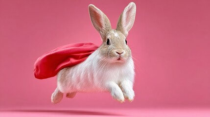 Fototapeta premium Rabbit wearing a vibrant red cape is soaring through the air against a soft pink background, capturing a whimsical and playful moment of imagination and adventure in a delightful scene