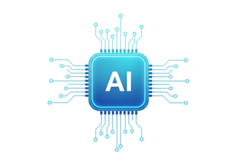 Glowing blue ai chip with intricate circuitry and connections isolated on transparent background