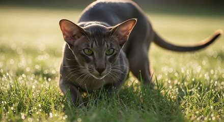 Oriental Cat Stalking in Grass.