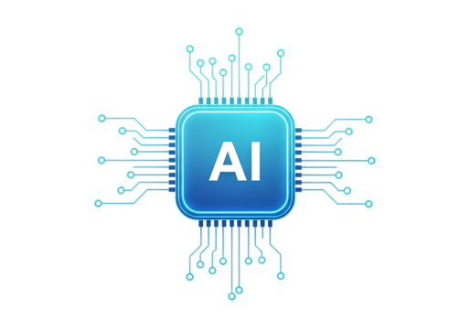 Glowing blue ai chip with intricate circuitry and connections isolated on transparent background