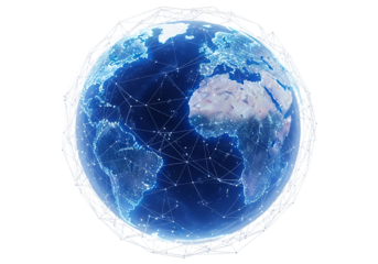 Glowing digital earth with interconnected network lines and bright city lights at night isolated on transparent background