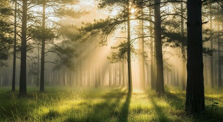 Sunrise through the misty forest trees on a peaceful morning path
