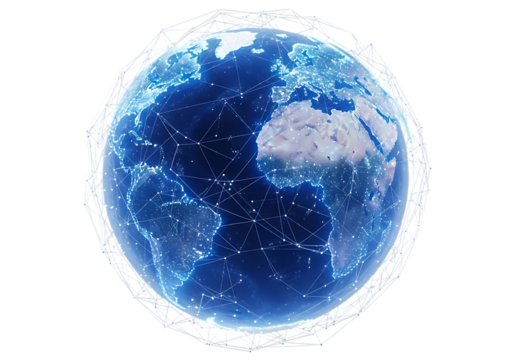 Glowing digital earth with interconnected network lines and bright city lights at night isolated on transparent background