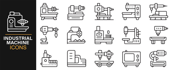 Line art factory machinery symbols for technology and workshop use.