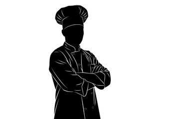 Professional chef vector silhouette with crossed arms wearing a traditional toque isolated on white background