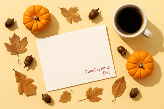 Flat lay autumn composition with coffee cup, pumpkins, acorns, dried leaves, and blank card for thanksgiving day greeting