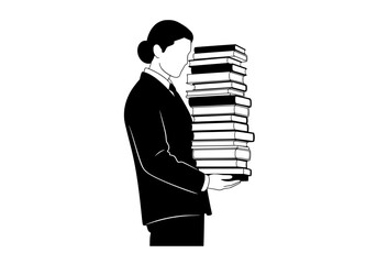 Professional woman carrying a heavy stack of books vector silhouette symbolizing academic studies and learning burden