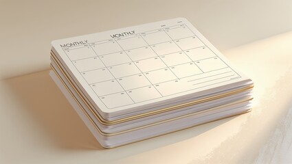 Stack of undated monthly planners in soft warm sunlight