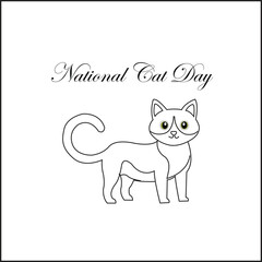 Obraz premium Cartoon-style black and white cat illustration with curled tail and “National Cat Day” text in elegant line art