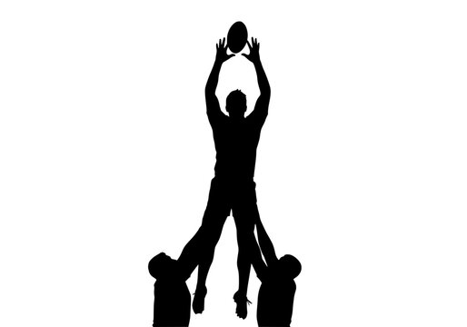 Rugby lineout vector silhouette showing players jumping to catch the ball during an intense sports match