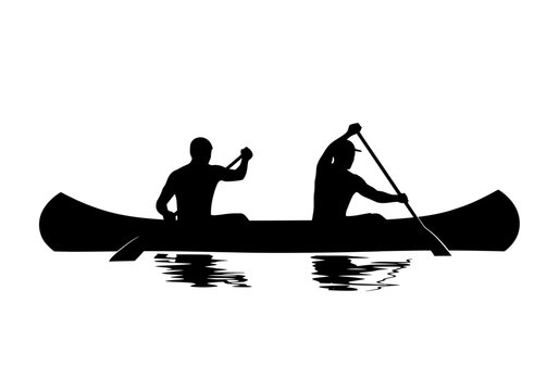 Two people paddling a canoe vector silhouette with water reflection on white background representing teamwork and outdoor adventure