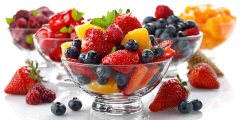 Bowl of healthy fresh fruit salad on white marble background. healthy food