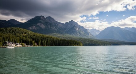 Serene mountain lake with lush green forest and dramatic cloudy sky