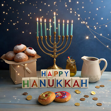 Happy hanukkah celebration with menorah sufganiyot and gelt