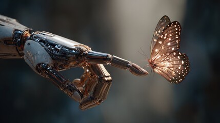 A close-up of a humanoid robot’s finger gently touched by a beautiful butterfly, symbolizing harmony between technology and nature, highly detailed, realistic textures, soft natural lighting
