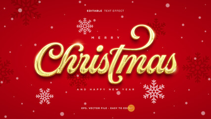 Golden Merry Christmas Text Effect on Red Background.