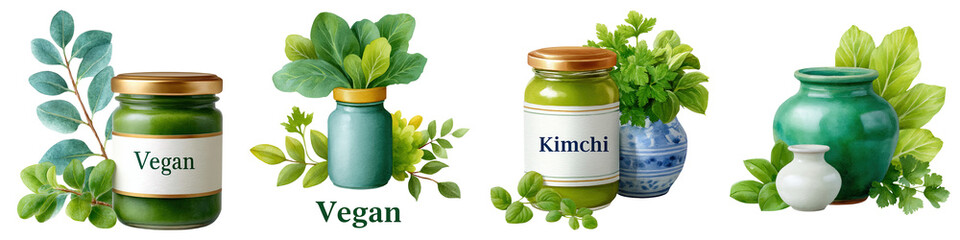 Korean street food Jars of vegan and kimchi products with green herbs.