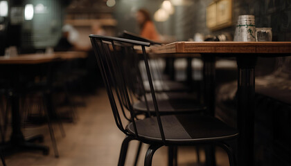 Interior of a restaurant or cafe, with a focus on a row of dining chairs and tables. The chairs appear to be a modern, minimalist style made of black metal, possibly with a cushion