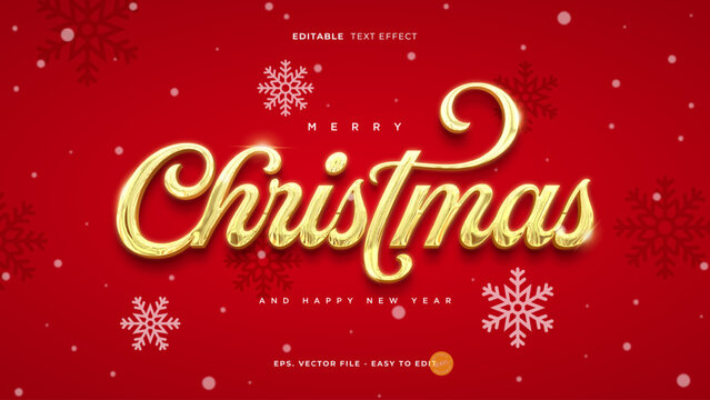 Golden Merry Christmas Text Effect on Red Background.