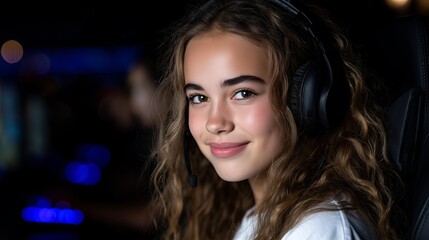 Fototapeta premium Girl smiles while gaming in a dark room with colorful lights
