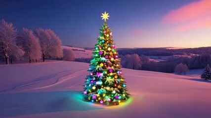 Enchanting winter wonderland illuminated Christmas tree glowing with vibrant lights amidst - Powered by Adobe