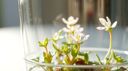 Closeup of delicate white flowers with yellow centers blooming in a clear glass container indoors