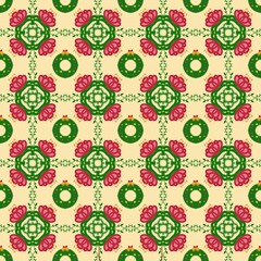 Folk Art Christmas Seamless Pattern with Floral and Wreath Design