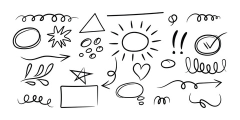 star with marker stroke pencil highlight, Doodle sketch heart, star, cloud cartoon sticker shapes