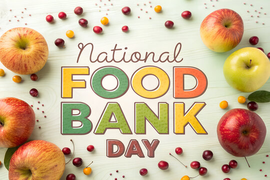 National Food Bank Day design with multicolored text, apples, berries, and leaves — vibrant visual ideal for awareness campaigns and community support messaging. generative ai