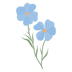 Blue Flax flower vector illustration on white background, Hand drawn Flax flower with blue buds and green leaves. Plant for making medicine and linen fabric.