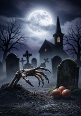 A zombie hand emerges from a grave in a spooky graveyard under a full moon, with a church in the background, evoking a sense of horror and the supernatural