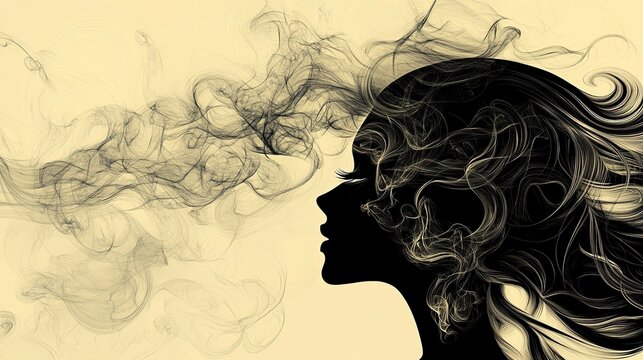 Woman silhouette with flowing hair and smoke on beige background