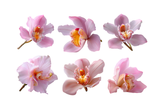 Delicate light pink orchid blossoms arranged in a grid pattern isolated on a black backdrop isolated on transparent background