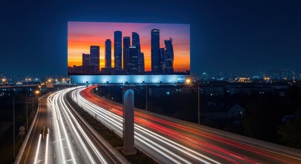 Fototapeta premium Vibrant cityscape billboard over streaking light trails highway at dusk dynamic urban night photography