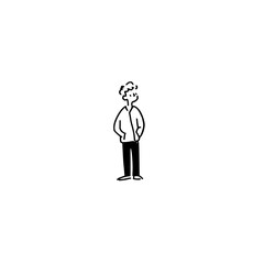 A simple line drawing of a person with curly hair standing with hands in pockets on a white background