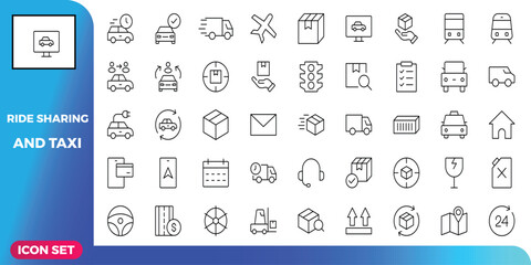 Set of Line Icons for Ride Sharing and Taxi Services, Transportation, Delivery, Logistics, and Mobility Solutions, Vector Graphics on White Background