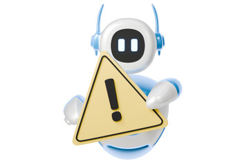 3d ai robot with warning sign icon. alert caution concept. Minimal cartoon hazard exclamation notice for app banner ui notification. isolated on white background. 3d render.