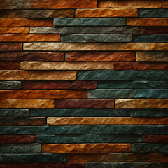 Richly colored bricks, natural stone wall texture background with horizontal stripes