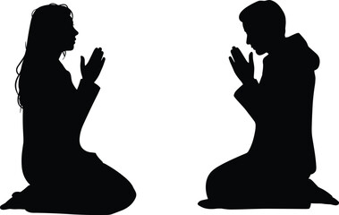 Silhouette meditation prayer, spiritual devotion, man and woman kneeling, mindfulness, yoga, inner peace, religious faith, meditation practice, spirituality