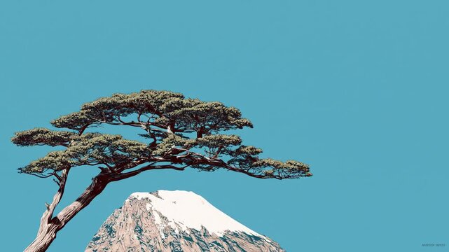 Aesthetic landscape pine tree and snow capped mountain against azure sky