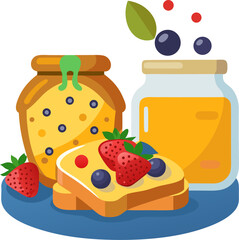 French toast with honey jar and berries  , white background